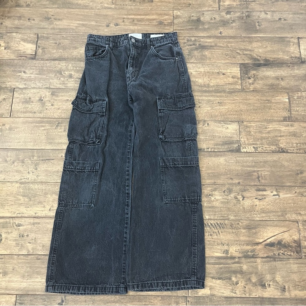 Baggy Cotton-On Black Wide Leg Woman Cargo Jeans